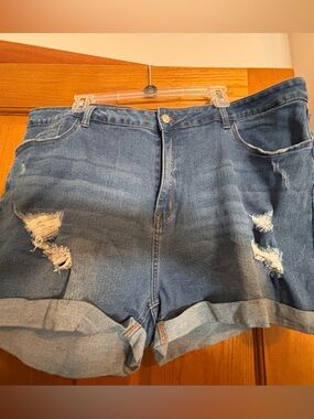 SHEIN Distressed Rolled-Hem Denim Shorts - Blue